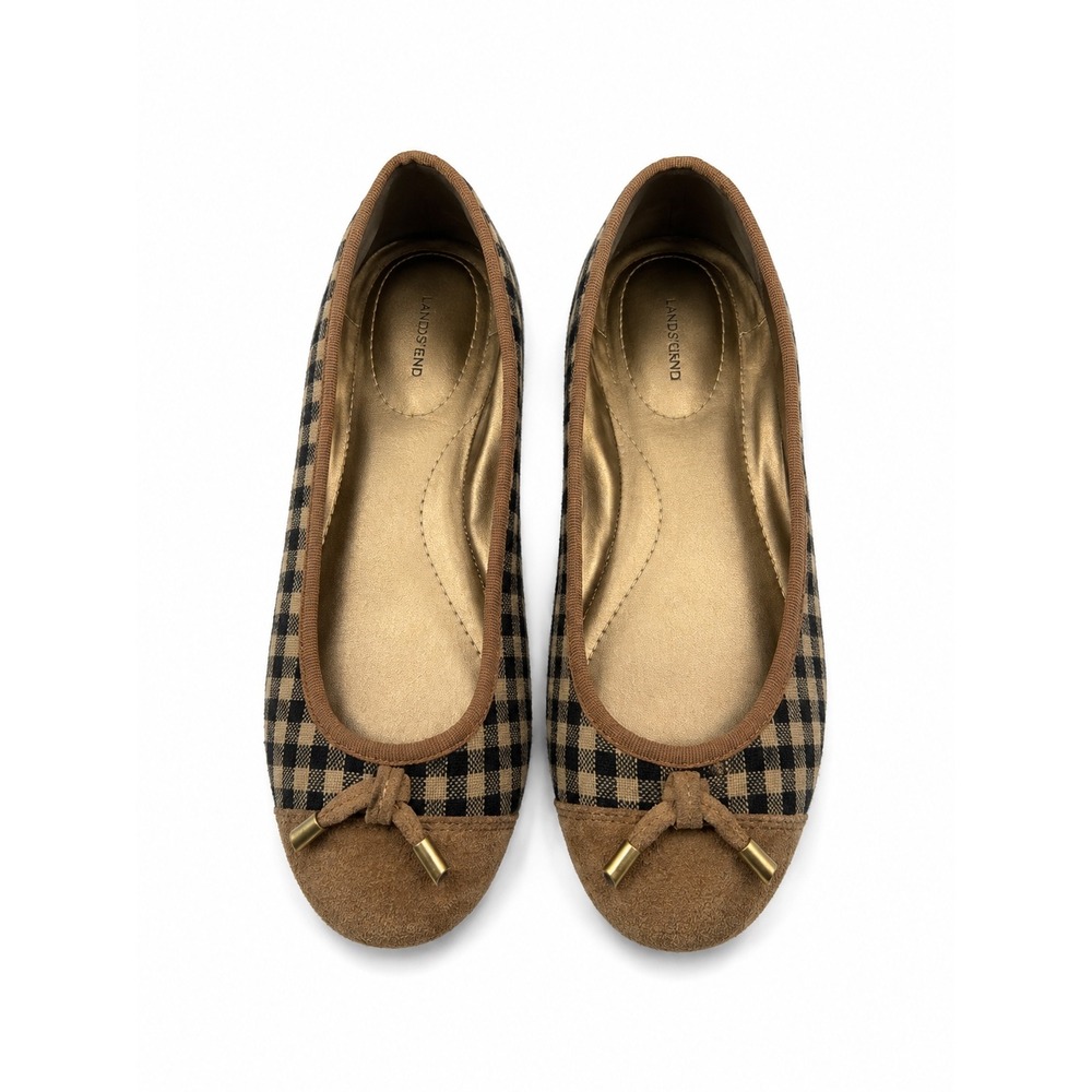 Lands End Vintage Y2K Gingham Brown Black Suede Plaid Flats Women's Size 7